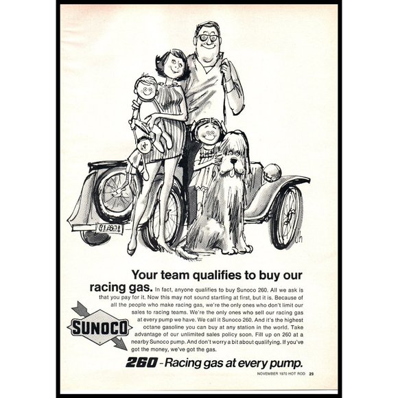 1970 Sunoco 260 Racing Gas Vintage Print Ad Family Car Shaggy Dog Wall Art - Picture 1 of 1